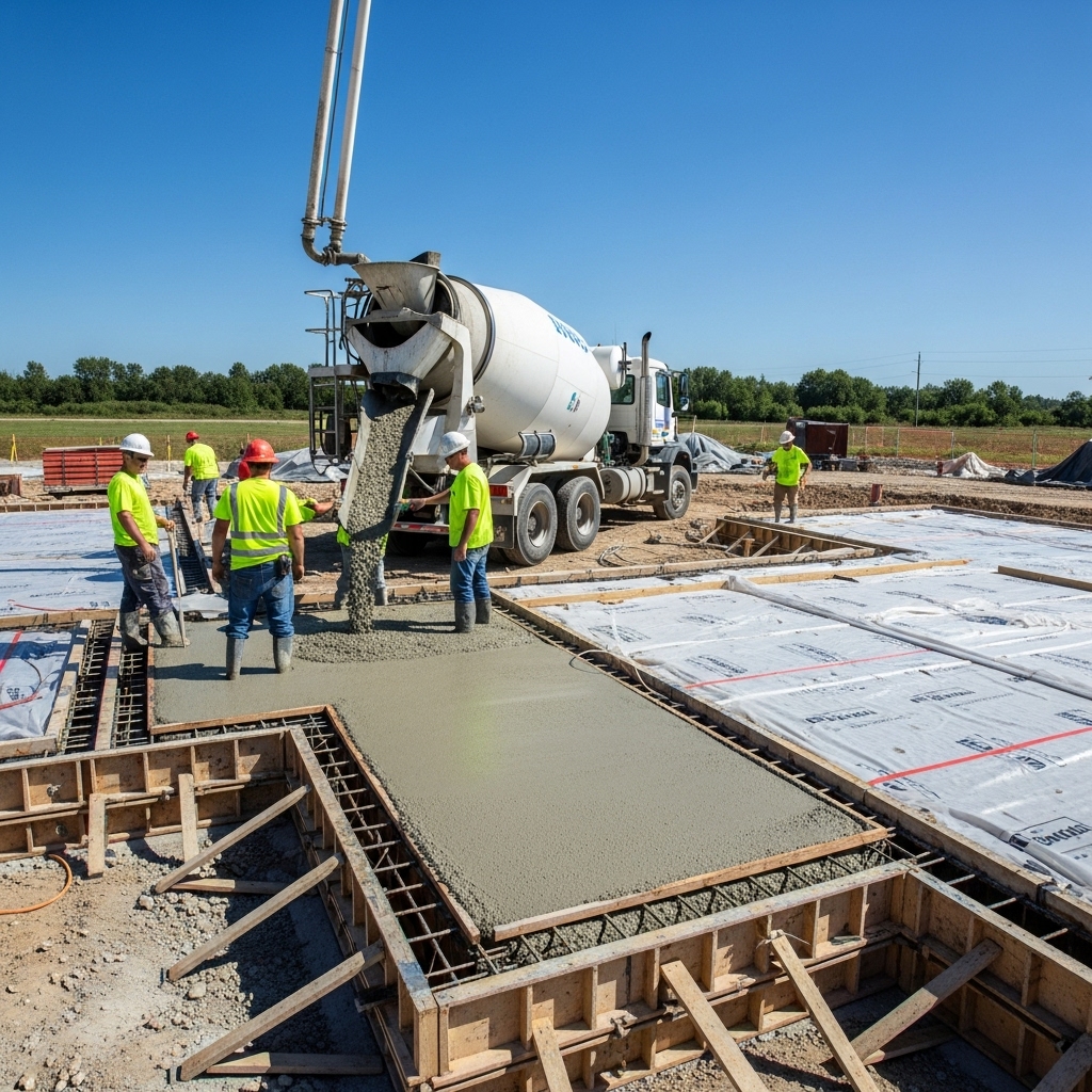 Wylewanie betonu do szalunku ławy fundamentowej